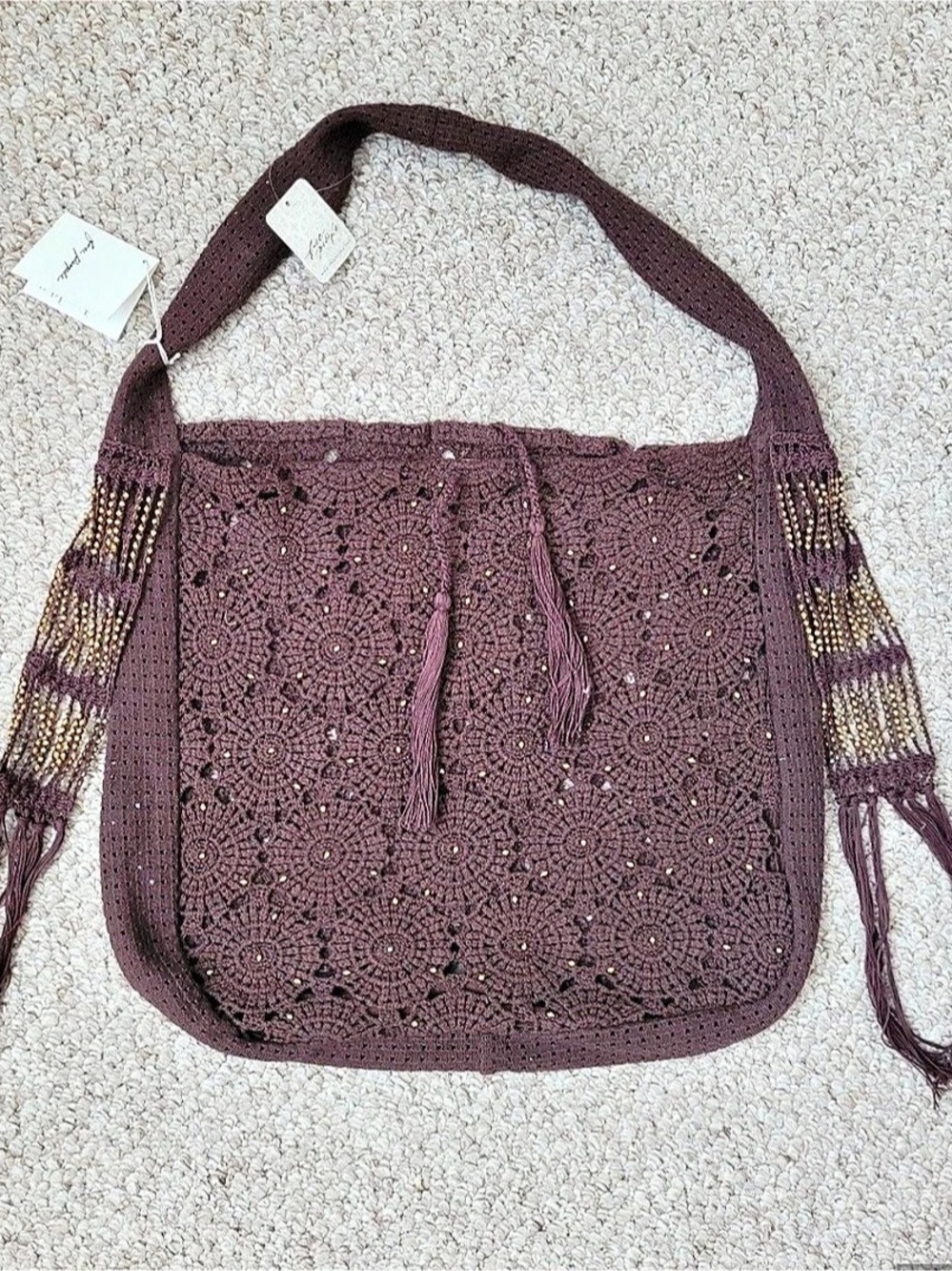 Free people Crochet Beaded Hobo Bag in Brown NWT